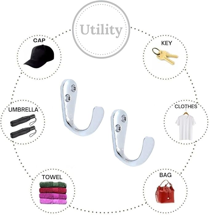Multipurpose Hooks, Used to Hang Clothes, Bags, Coats, Curtain Hold Backs, Keys, Silver Colour, Material - White Metal, Screws and Wallplugs Included, Pack of 2 Pieces