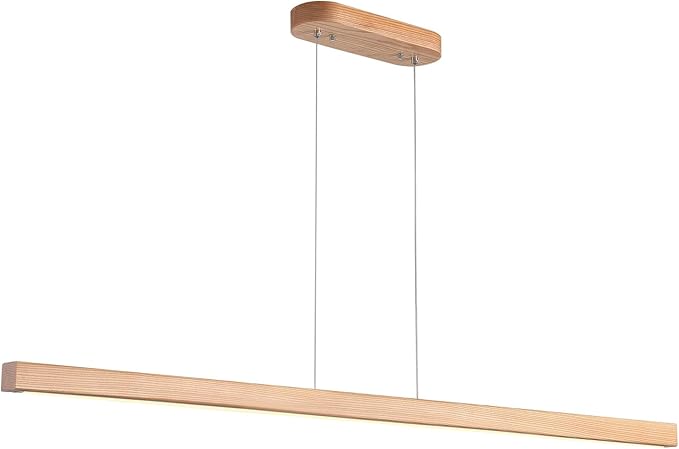 55" Wood Linear Pendant Modern Kitchen Island Light Fixture with Remote Solid Wooden Hanging Ceiling Light Chandeliers for Dining Room Kitchen Pendant Lighting Over Island Natural