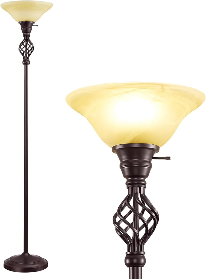 Torchiere Floor Lamp for Living Room, LED Standing Reading Light for Bedroom with Glass Shade for Living Room Corner Bedroom Home Office,Bulbs Included (Yellow Lampshade, Glass 1 Head)