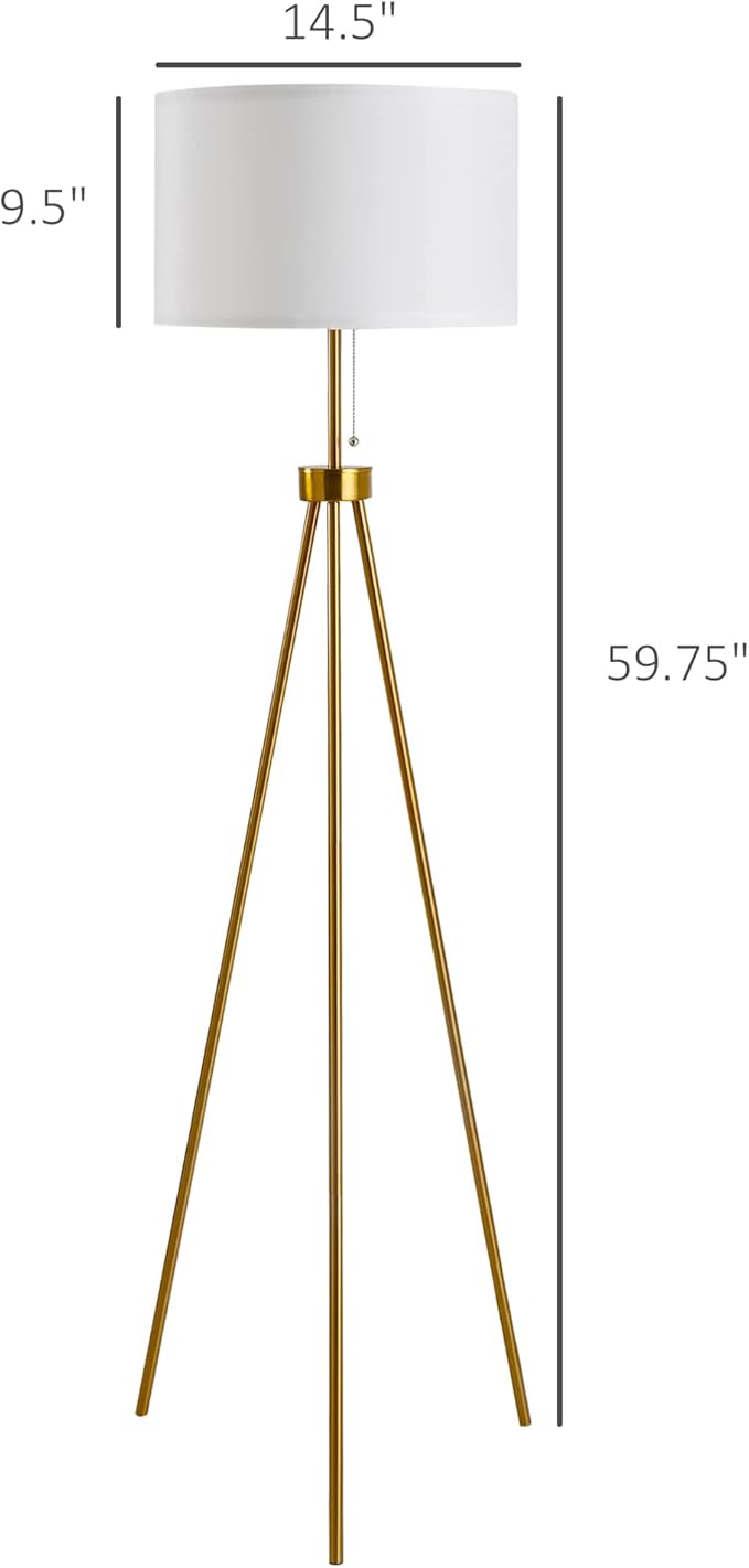 HOMCOM 59.75" Tripod Floor Lamp with Pull Chain Standing, Fabric Lampshade E26 Lamp Holder Steel for Living Room, Bedroom, Office, Gold