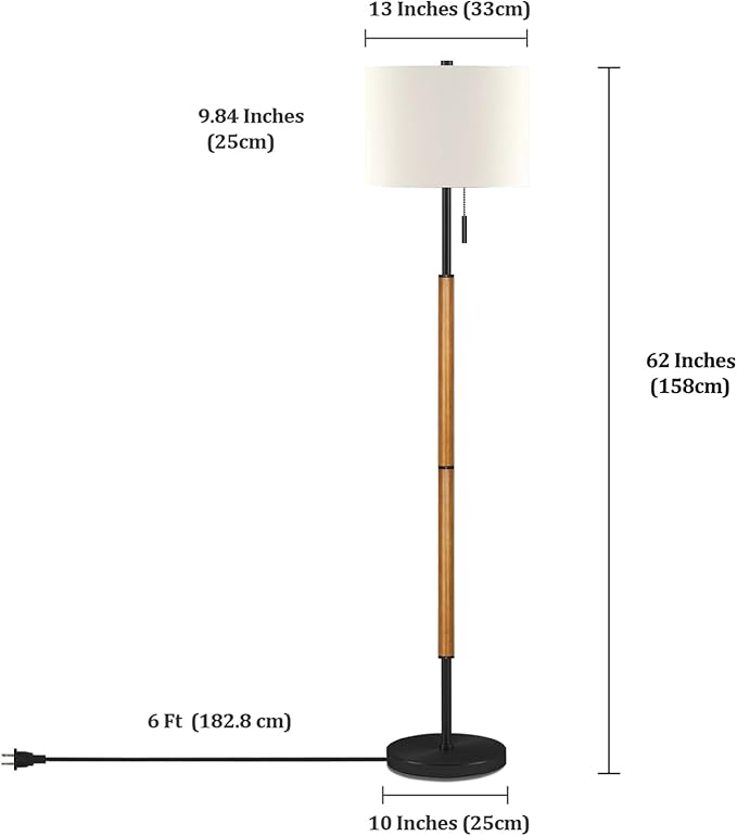 62" Brown Balck Floor Lamp for Living Room, 1200LM 3-Way Dimmable Wood Mid Century Floor Lamp for Bedroom Office, Wood Tall Lamp Linen Lampshade, LED Bulb Included