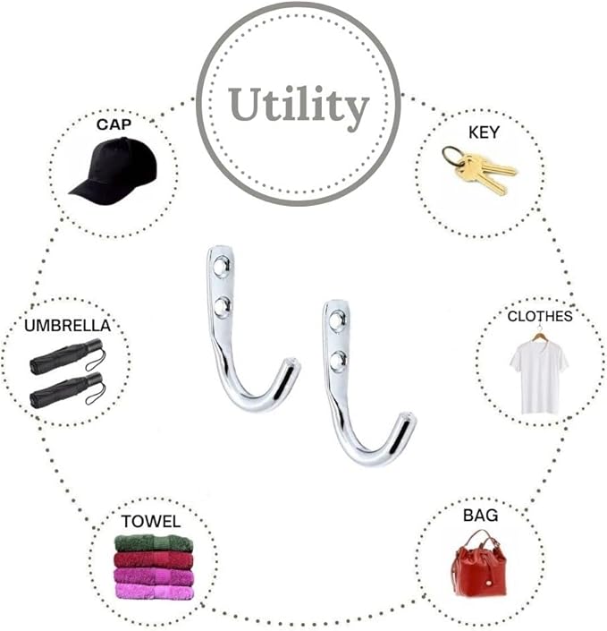 Multipurpose Hooks, Used to Hang Clothes, Bags, Coats, Curtain Hold Backs, Keys, Colour - Silver, Material - Stainless Steel, Screws and Wallplugs Included, Pack of 4 Pieces