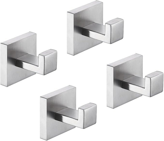 TASTOS Bath Towel Hooks Brushed Nickel, 4 Pack Stainless Steel Robe Coat and Clothes Hook, Heavy Duty Wall Hook for Bathroom & Kitchen, Modern Square Style Wall Mounted