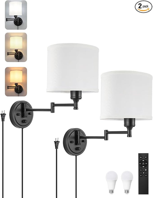 Plug in Wall Sconces with Remote Control, Dimming 10%-100% & Adjustable Colors 2700K-6500K, Hardwire or Plug-in, Swing Arm Wall Lamp with White Fabric Shade, Wall Sconces Set of Two, Black Finish