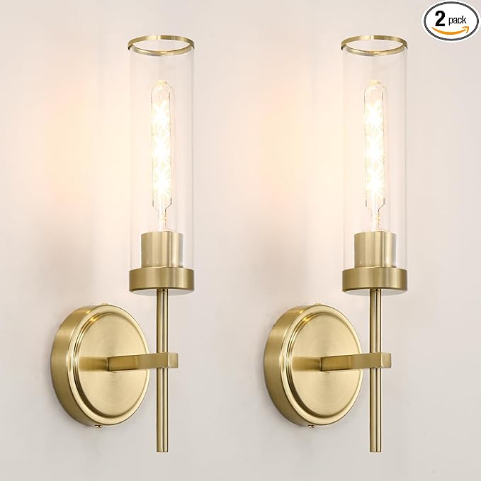 Wall Sconces Set of Two, Gold Bathroom Sconces, Modern Vanity Light Fixtures with Clear Glass, Sconces Wall Decor Set of 2, Brass Wall Mount Lights for Living Room Corridor Mirror Bedroom Stairs