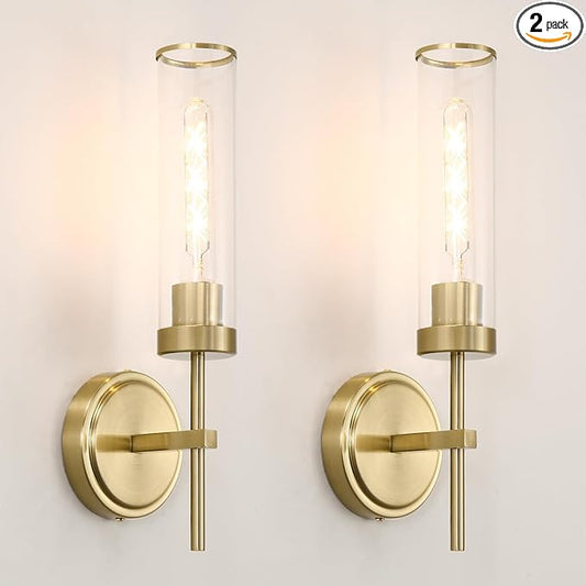 Wall Sconces Set of Two, Gold Bathroom Sconces, Modern Vanity Light Fixtures with Clear Glass, Sconces Wall Decor Set of 2, Brass Wall Mount Lights for Living Room Corridor Mirror Bedroom Stairs