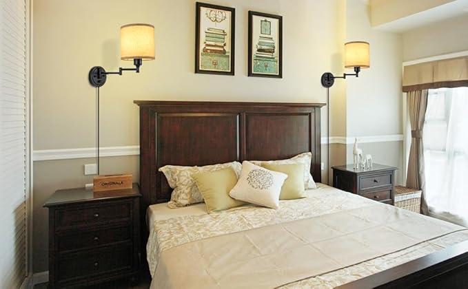 Plug in Wall Sconces with Remote Control, Dimming 10%-100% & Adjustable Colors 2700K-6500K, Hardwire or Plug-in, Swing Arm Wall Lamp with Linen Fabric Shade, Wall Sconces Set of Two, Black Finish