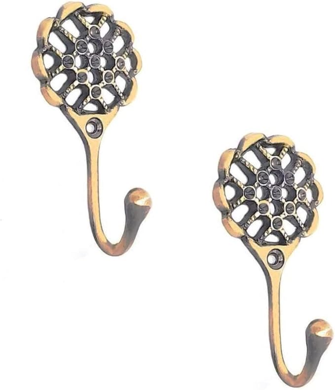 Multipurpose Hooks, Used to Hang Clothes, Bags, Coats, Curtain Hold Backs, Keys, Colour - Antique Gold, Material - Brass, Mesh Design, Screws and Wallplugs Included, Pack of 2 Pieces