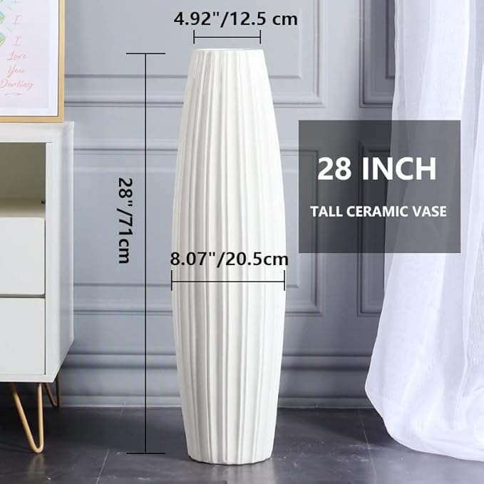 White Tall Floor Vase, 28" Ceramic Large Vase, Decorative Flower Vases for Modern Home Decor Living Room Office Bedroom Kitchen Wedding Centerpieces Farmhouse Décor