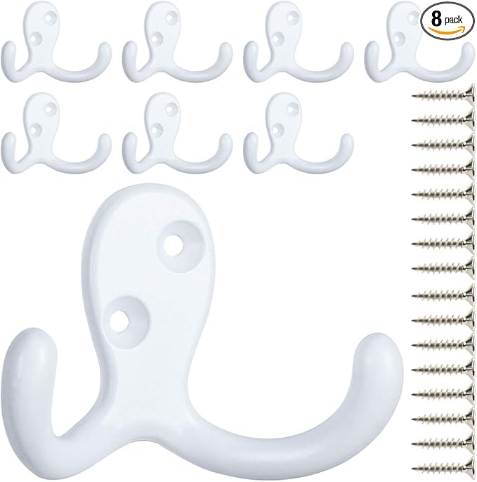 IBosins 8 Pack Heavy Duty Double Prong Coat Hooks Wall Mounted with 16 Screws Retro Double Hooks Utility Hooks for Coat, Scarf, Bag, Towel, Key, Cap, Cup, Hat