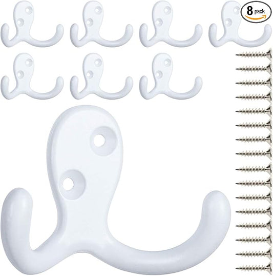 IBosins 8 Pack Heavy Duty Double Prong Coat Hooks Wall Mounted with 16 Screws Retro Double Hooks Utility Hooks for Coat, Scarf, Bag, Towel, Key, Cap, Cup, Hat