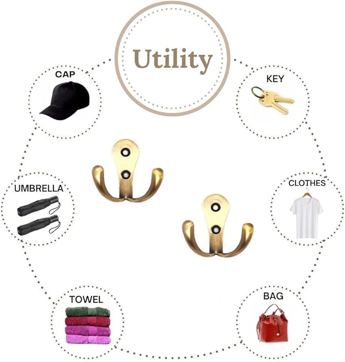 Multipurpose Hooks, Used to Hang Clothes, Bags, Coats, Curtain Hold Backs, Keys, Colour - Antique Gold, Material - White Metal, Screws and Wallplugs Included, Pack of 4 Pieces