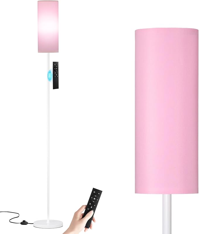 Ambimall 64'' Floor Lamps for Living Room with Remote Control and Stepless Dimmable Colors Temperature & Brightness, 9W Bulb Included(Pink Lampshade & White Pole)