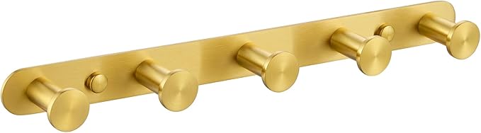 Angle Simple Towel Hook Rack Brushed Gold, SUS304 Stainless Steel Bathroom Hook Rail 5 Hooks, Utility Kitchen Towel Holder, Wall Mount