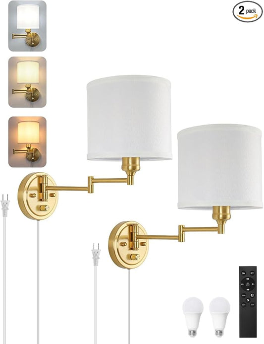 Plug in Wall Sconces with Remote Control, Dimming 10%-100% & Adjustable Colors 2700K-6500K, Hardwire or Plug-in, Swing Arm Wall Lamp with White Fabric Shade, Wall Sconces Set of Two, Gold Finish