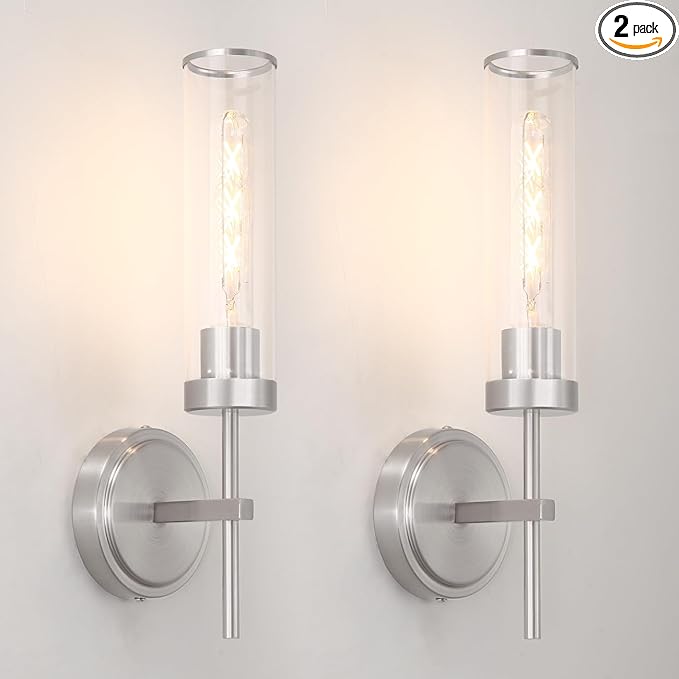 Wall Sconces Set of 2, Brushed Nickel Sconces Wall Lighting, Modern Bathroom Vanity Light Fixtures with Clear Glass, Bathroom Sconces Wall Mount Lights for Living Room Bedroom Hallway, Hardwired