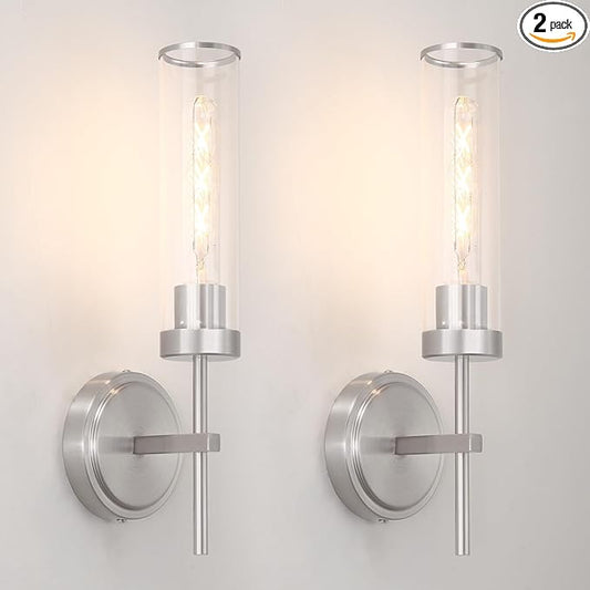 Wall Sconces Set of 2, Brushed Nickel Sconces Wall Lighting, Modern Bathroom Vanity Light Fixtures with Clear Glass, Bathroom Sconces Wall Mount Lights for Living Room Bedroom Hallway, Hardwired