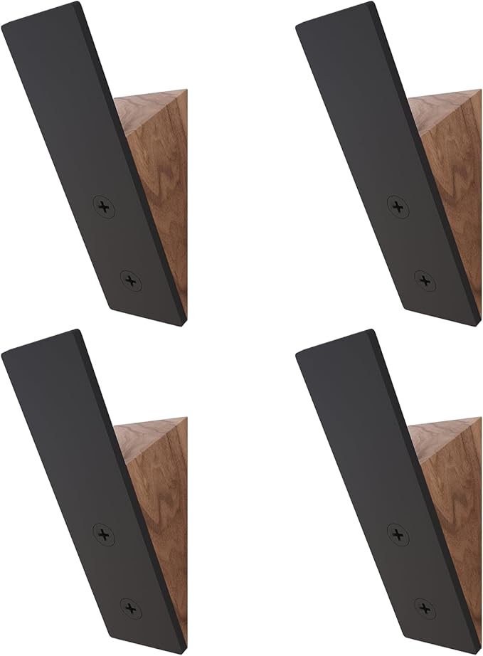 Homeforia Walnut Wood Coat Hooks, High End Walnut Wood & Black Metal Wall Mounted Coat Hooks, Mid-Century Modern Clothes Hooks, Heavy Duty Wooden Hooks for Hanging Coats, Hats, Towels & More, Set of 4