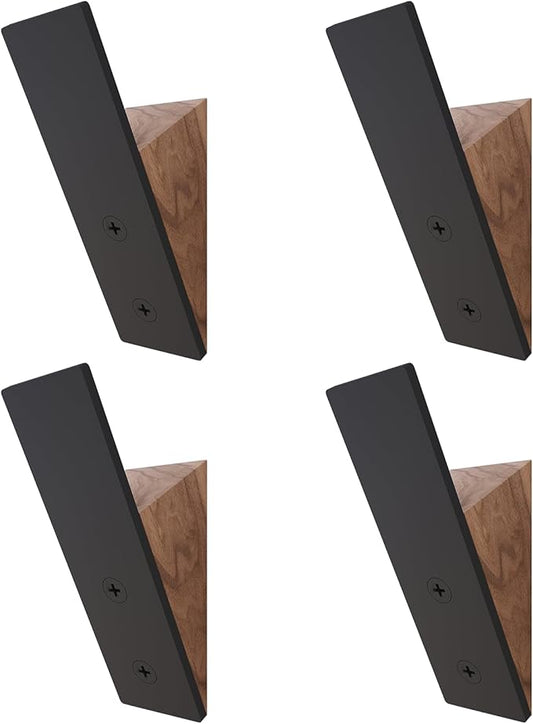 Homeforia Walnut Wood Coat Hooks, High End Walnut Wood & Black Metal Wall Mounted Coat Hooks, Mid-Century Modern Clothes Hooks, Heavy Duty Wooden Hooks for Hanging Coats, Hats, Towels & More, Set of 4