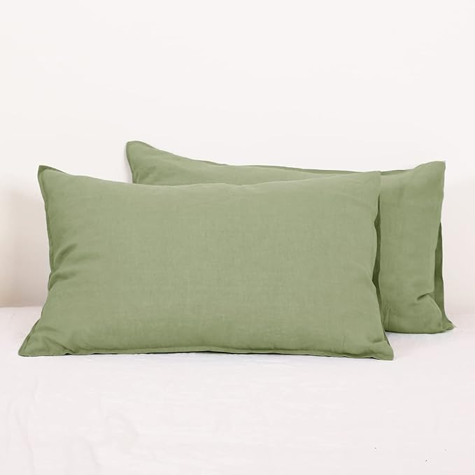 Simple&Opulence 100% Linen Pillowcases Basic Style Solid Color Set of 2, King Size Stone Washed Flax Pillow Cover Envelope Closure (20''x40'', Sage Green)
