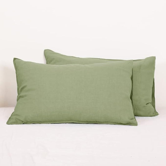 Simple&Opulence 100% Linen Pillowcases Basic Style Solid Color Set of 2, King Size Stone Washed Flax Pillow Cover Envelope Closure (20''x40'', Sage Green)