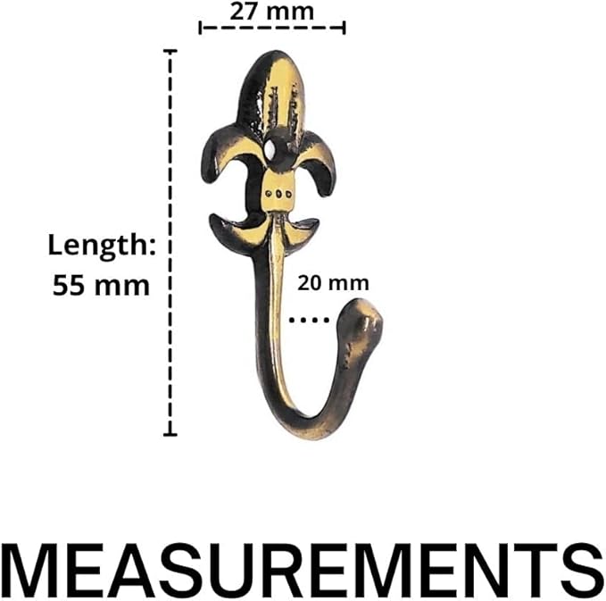Multipurpose Hooks, Used to Hang Clothes, Bags, Coats, Curtain Hold Backs, Keys, Colour - Antique Gold, Material - Brass, Royal Design, Screws and Wallplugs Included, Pack of 10 Pieces