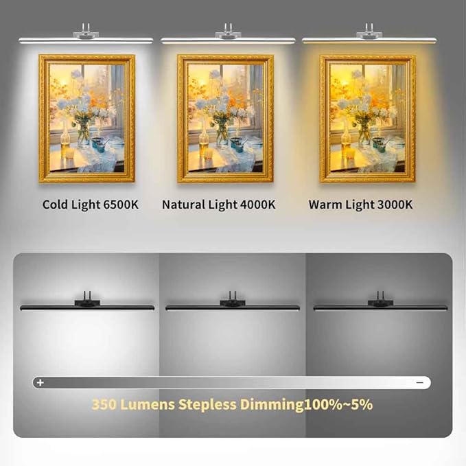 26" Wireless Picture Lights, Rechargeable Battery Art Display Light with Remote Control, Dimmable/Timer Off Dartboard Light, 3 Lighting Modes Full Metal Painting Display Lights (Black-2 Pack)