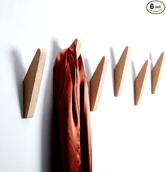 Pack 6 Wood Wall Hooks, Oak Coat Hooks Minimalist Design Heavy Duty Robe Hook Wall Mounted Rustic Wooden Clothes Hanger Hat Rack Hooks for Hanging Bathroom Towels.