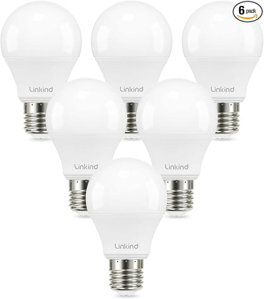 Linkind A19 LED Light Bulbs, 60W Equivalent Dimmable Light Bulbs, 3000K Warm White, 9.5W 800 Lumens LED Bulbs, E26 Standard Base 120V, UL Listed, Lighting for Bedroom Living Room Home Office, 6 Packs