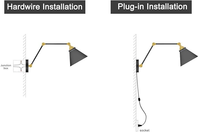 LALUZ Wall Sconces, Modern Swing Arm Plug in or Hardwired Sconces Wall Lighting Lamp with Polished Brass Finish, Wall Sconce Light Lights Indoor for Bedroom, Living Room, Study
