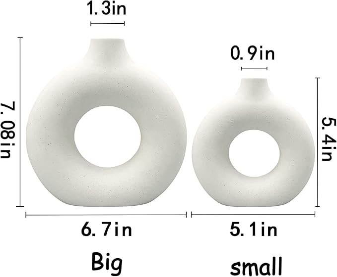 White Ceramic Vases- 2 for Modern Home Decor, Round Matte Boho Vase for Decor, Ceramic Minimalist Nordic Style for Wedding Dinner Table Living Room Office