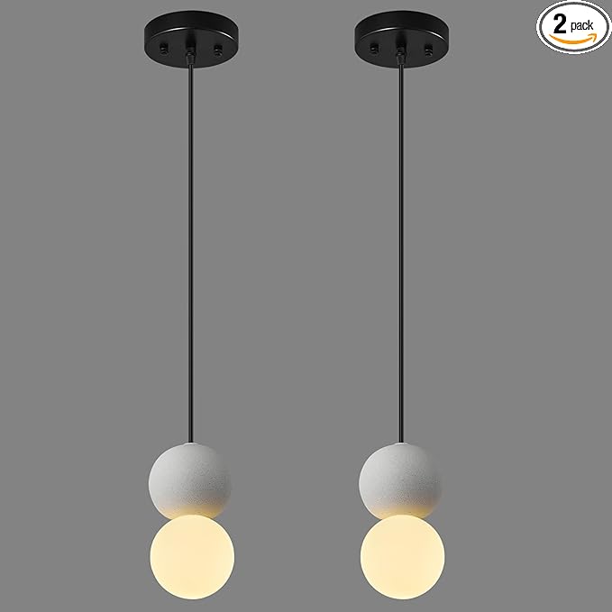 Modern 1-Light Concrete Pendant Light Kitchen Islandceiling Light Fixture White Glass Globe Ball Pendant Lighting for Dining Room Coffee Club Resturant Bar Living Room(2-Pack)