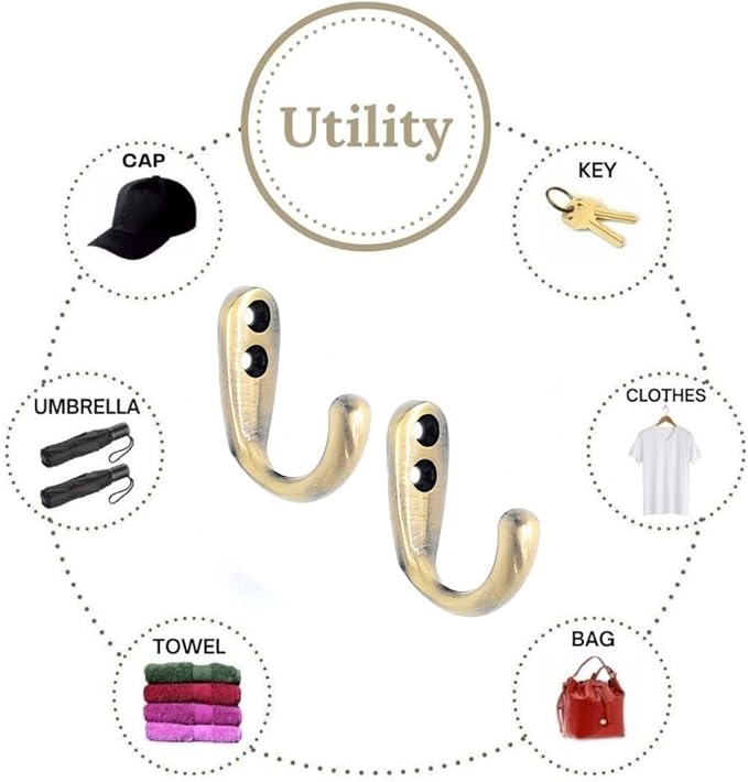 Multipurpose Hooks, Used to Hang Clothes, Bags, Coats, Curtain Hold Backs, Keys, Antique Gold Colour, Material - White Metal, Screws and Wallplugs Included, Pack of 4 Pieces