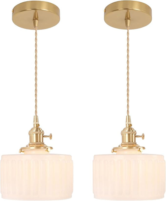 Pendant Light 2 Pack with White Striped Glass Lmapshade, Brass Vintage Pendant Light Adjustable Hanging Light for Kitchen Island Dining Room Hallway