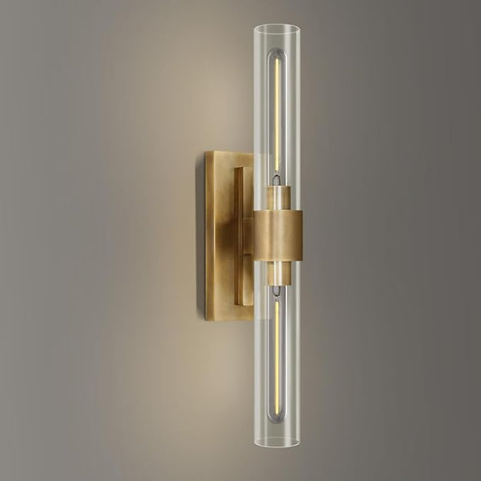 Wall Sconce, Brass Sconce for Bathroom Vanity, Gold Mirror Wall Light, 22.8" Indoor Wall Light Fixtures, Two Glass Tube Brass Wall Sconce for Bathroom, Bedroom, Vanity, Living Room