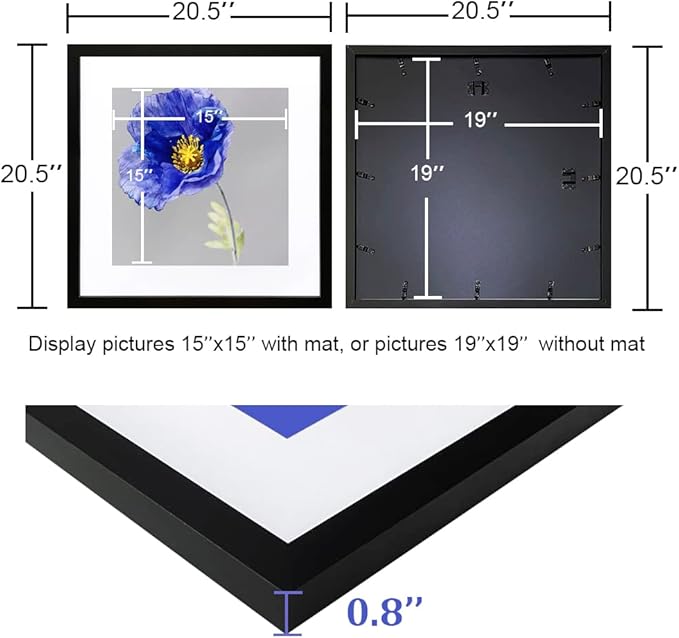 VNVNK 19x19 Frame Black, Perfect for 19x19 Inch Picture without Mat or 15x15 Inch Picture with Mat, Home Wall Decor Picture Frame-1 PCS