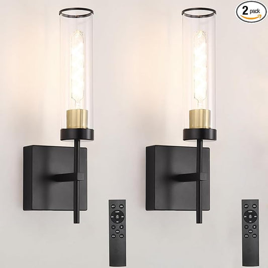 Battery Operated Wall Sconce, Black and Gold Battery Wall Sconce, Modern usb rechargeable Wall Light set of 2, Wireless Dimmable Wall Light Fixture with Remote Control, Wall Lamp with LED Bulbs(DC 5V)