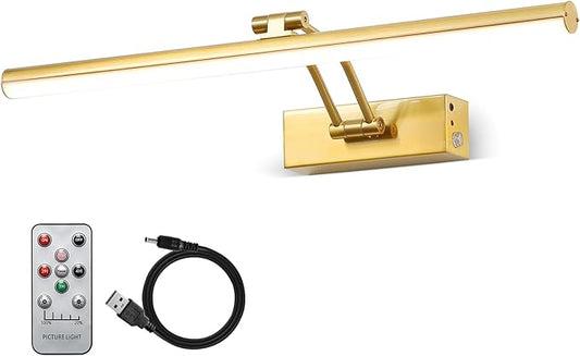 FUNCHDAY Wireless Picture Light,5000mAh Battery Operated Picture Light with Remote, Art Light with Timer,16“ Full Metal Picture Frame Light for Paintings, Gallery,Wall (Brass)