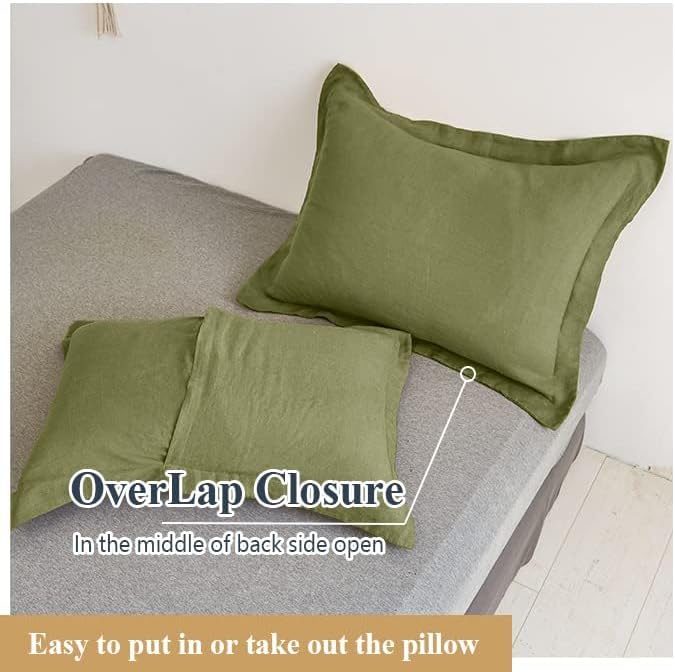 Simple&Opulence 100% Linen Pillow Case King Size Set of 2, Olive Green Pillow Covers with Overlap Closure, Luxury Breathable Pillowcases Protectors Suitable for All-Season (20" X 36", Olive Green)