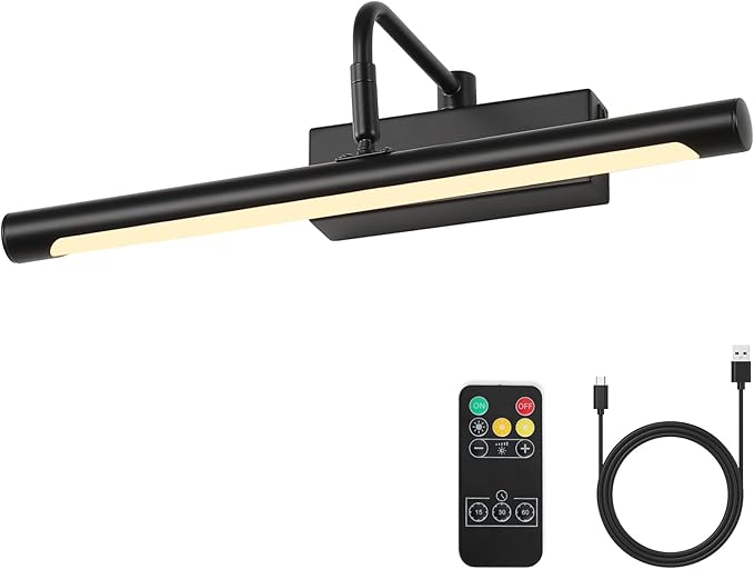 Joosenhouse Wireless Picture Light Battery Operate Library Light 15Inch 5000mAh Rechargeable Gallery Light with Remote Control Dimmer and Timer Off Function Black Wall Light