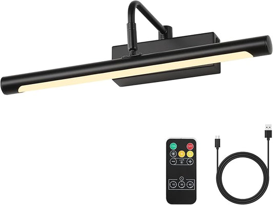 Joosenhouse Wireless Picture Light Battery Operate Library Light 15Inch 5000mAh Rechargeable Gallery Light with Remote Control Dimmer and Timer Off Function Black Wall Light