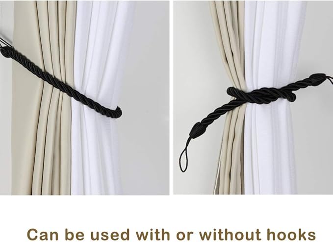 BEL AVENIR Curtain Tiebacks Ropes Tie-Backs, Handmade Curtain Holdbacks (Black, 4pack)