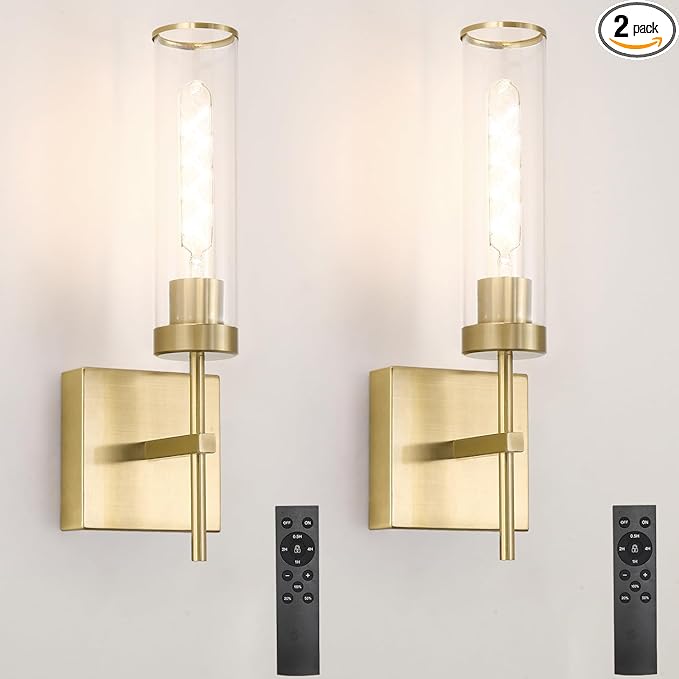 Gold Battery Operated Wall Sconce Set of 2, USB Rechargeable Wall Light with Remote Control, Brass Wireless Vanity Light Fixture with Bulbs(DC 5V), Glass Dimmable Sconce for Living Room Mirror Bedroom