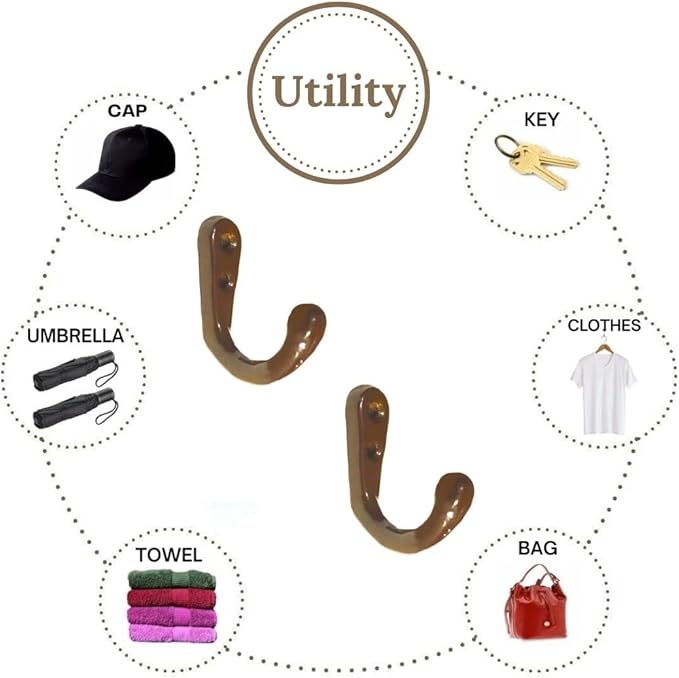 Multipurpose Hooks, Used to Hang Clothes, Bags, Coats, Curtain Hold Backs, Keys, Colour - Brown, Material - Aluminium, Screws and Wallplugs Included, Pack of 2 Pieces