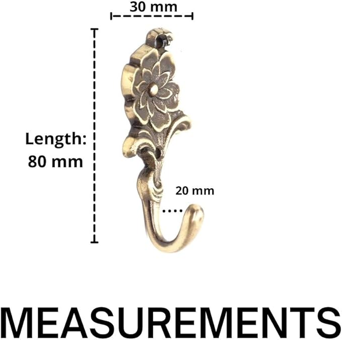 Multipurpose Hooks, Used to Hang Clothes, Bags, Coats, Curtain Hold Backs, Keys, Colour - Antique Gold, Material - Brass, Flower Design, Screws and Wallplugs Included, Pack of 10 Pieces