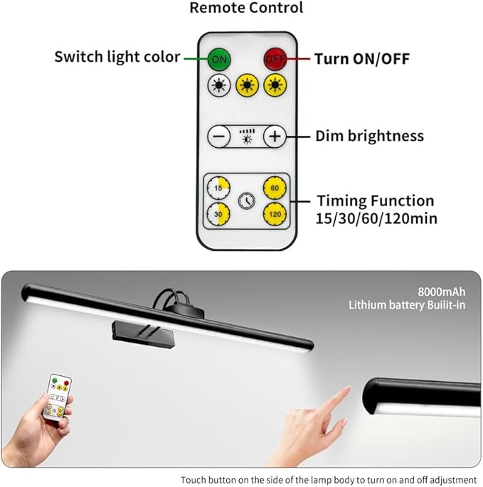 26" Wireless Picture Lights, Rechargeable Battery Art Display Light with Remote Control, Dimmable/Timer Off Dartboard Light, 3 Lighting Modes Full Metal Painting Display Lights (Black-2 Pack)