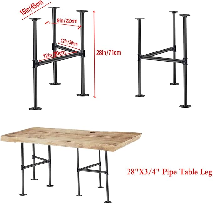 Industrial Pipe Table Leg Set,Metal Table Legs for Coffee and End Tables, Desks, Nightstand,2Pcs, 28" H × 18" W(Black)