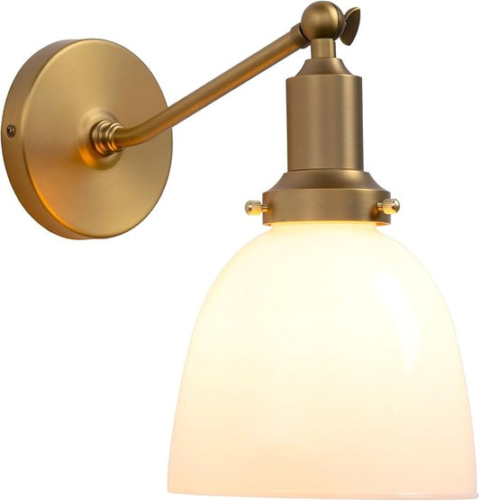 PERMO Industrial Vintage Slope Pole Wall Mount Single Sconce with 6.7" Oval Dome Milk White Glass Shade Wall Sconce Light Lamp Fixture