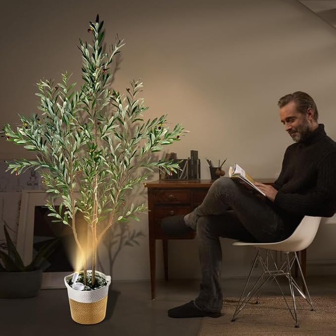 kockuu Olive Trees Artificial Indoor with LED Light, 6FT Tall Faux Olive Tree Plant with Basket and Natural Wood Branches & Fruits, Fake Tree Planter for Living Room Home Office Decor