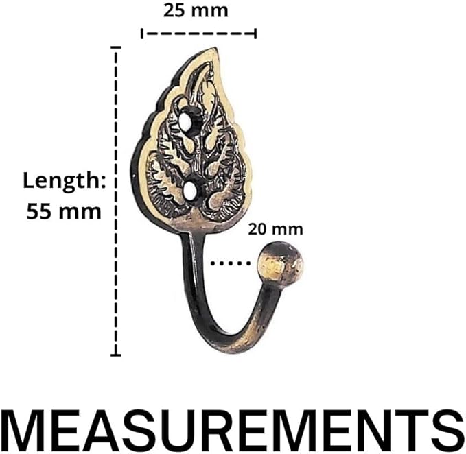 Multipurpose Hooks, Used to Hang Clothes, Bags, Coats, Curtain Hold Backs, Keys, Colour - Antique Gold, Material - Brass, Leaf Design, Screws and Wallplugs Included, Pack of 4 Pieces